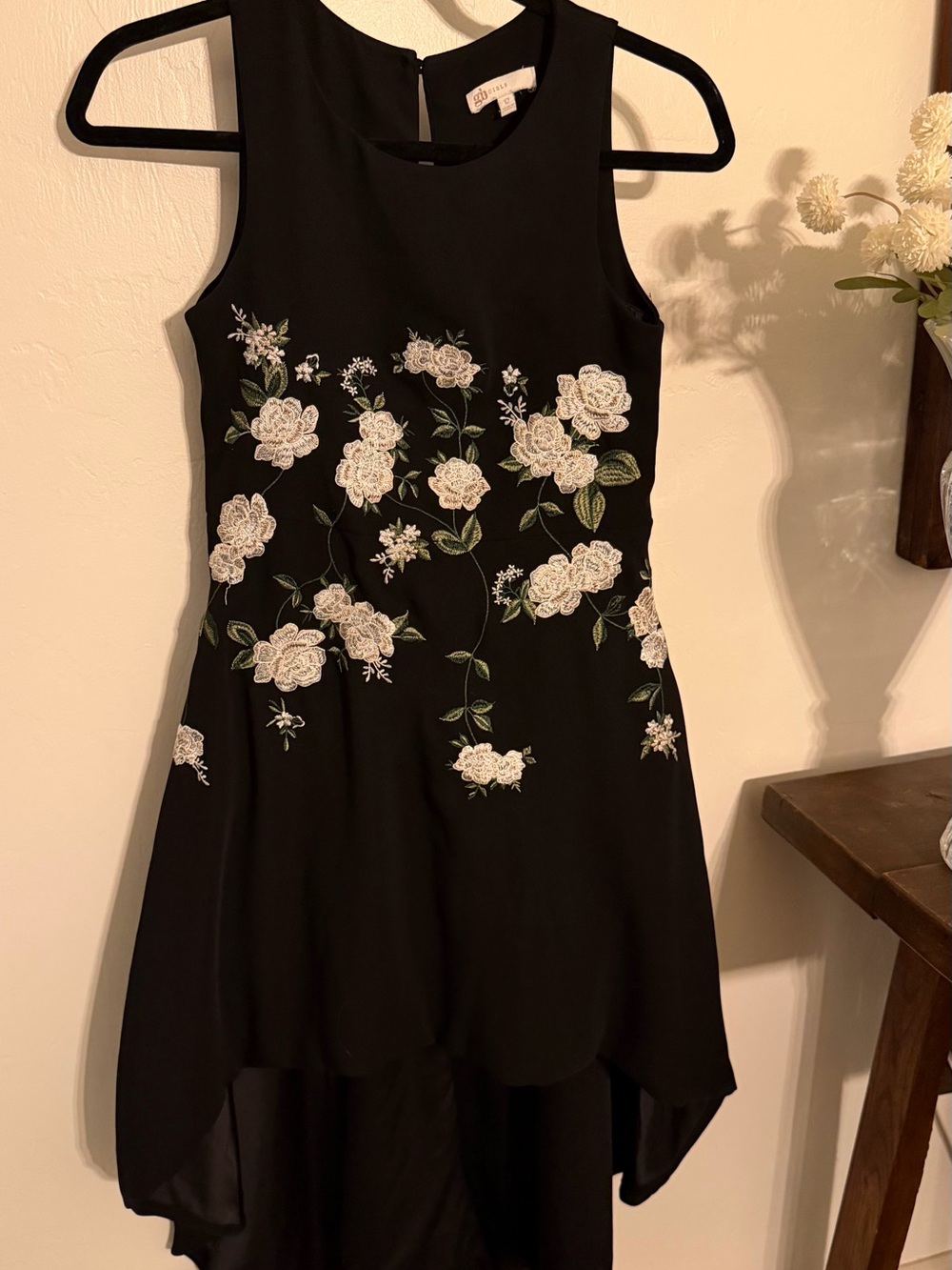 GB girls Black High-Low Dress with White Floral Embroidery